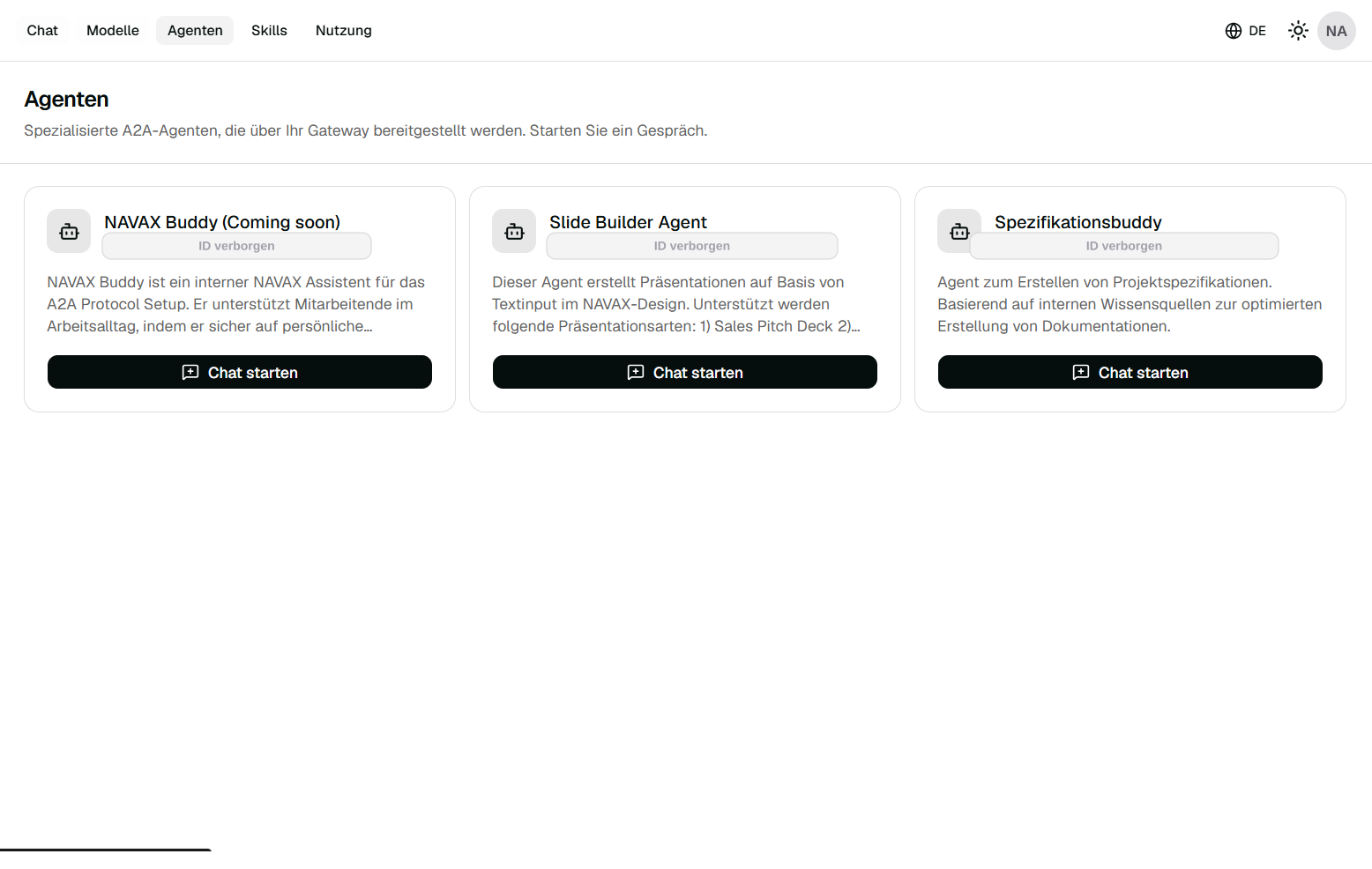 Agentenkatalog der NAVAX AI Platform mit Slide Builder Agent und Spezifikationsbuddy