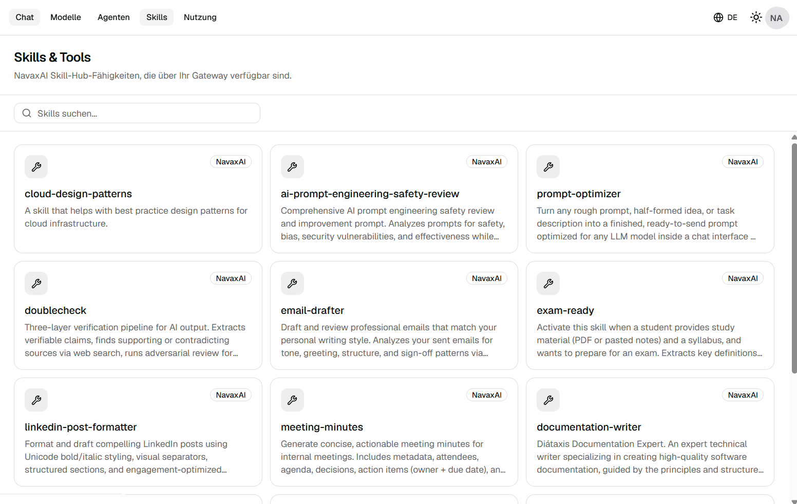 Skill-Katalog der NAVAX AI Platform mit wiederverwendbaren AI-Fähigkeiten